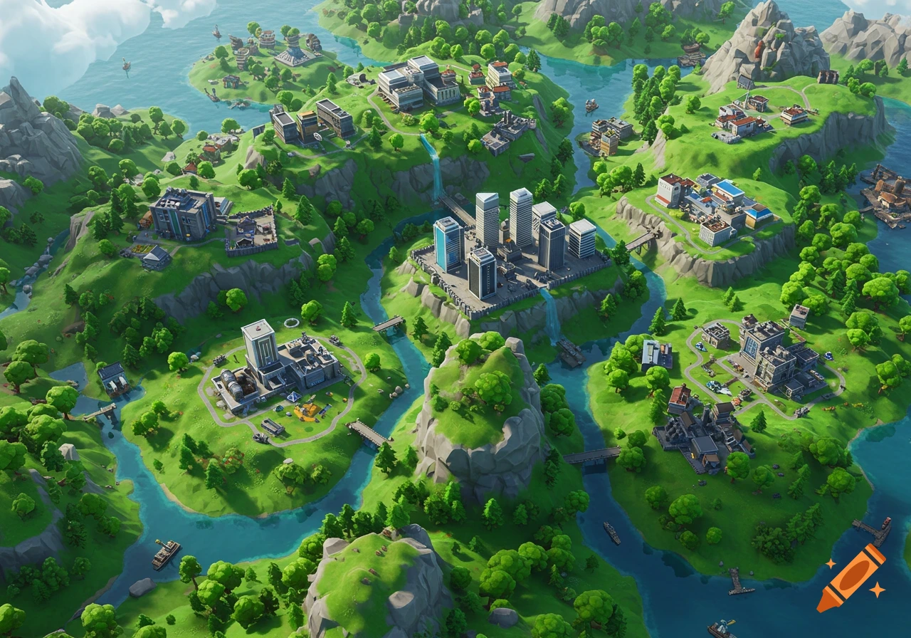 Top-down view of a colorful, stylized island map with rivers, mountains, and various buildings, resembling a video game.