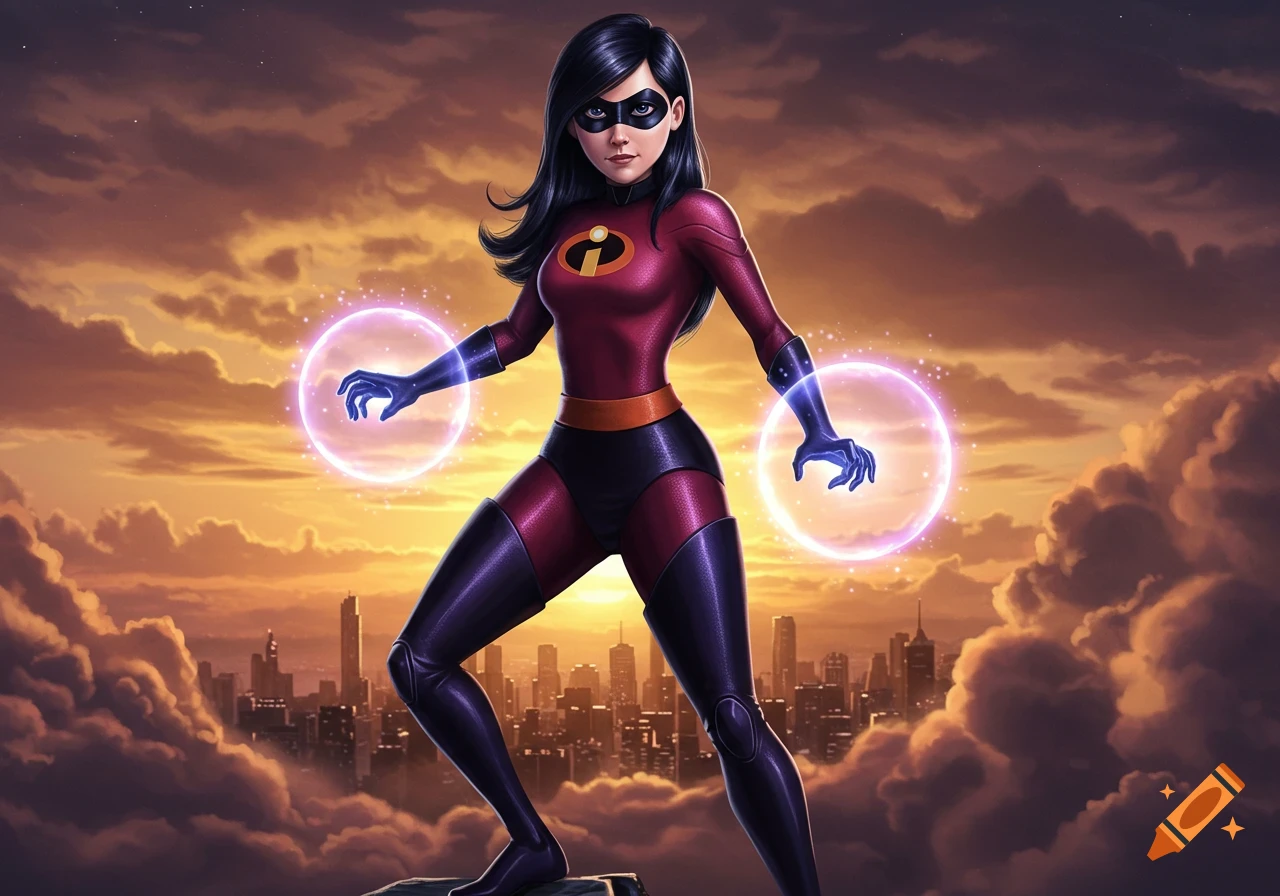 Violet Parr in a purple superhero suit, hands glowing with energy, standing above a city skyline at sunset.