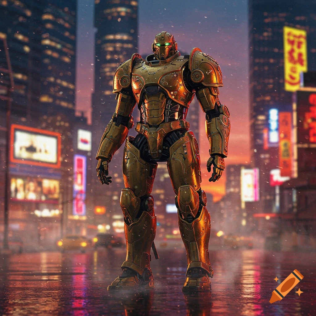 A large, detailed golden robot stands on a wet street in a futuristic city at dusk, with illuminated buildings and blurred neon signs.