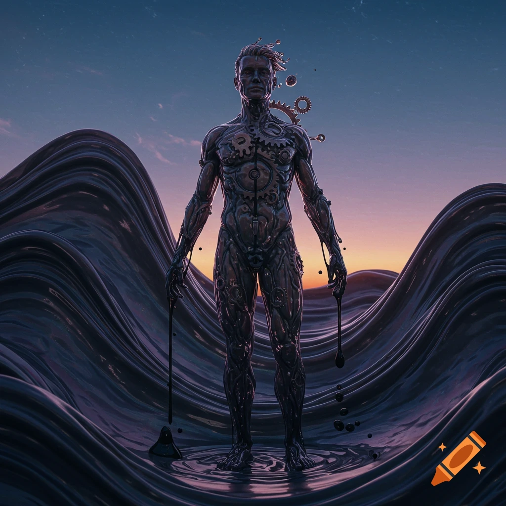 A humanoid figure made of dark, gooey, ink-like material with gears, standing in a wavy, dark landscape under a sunset sky.