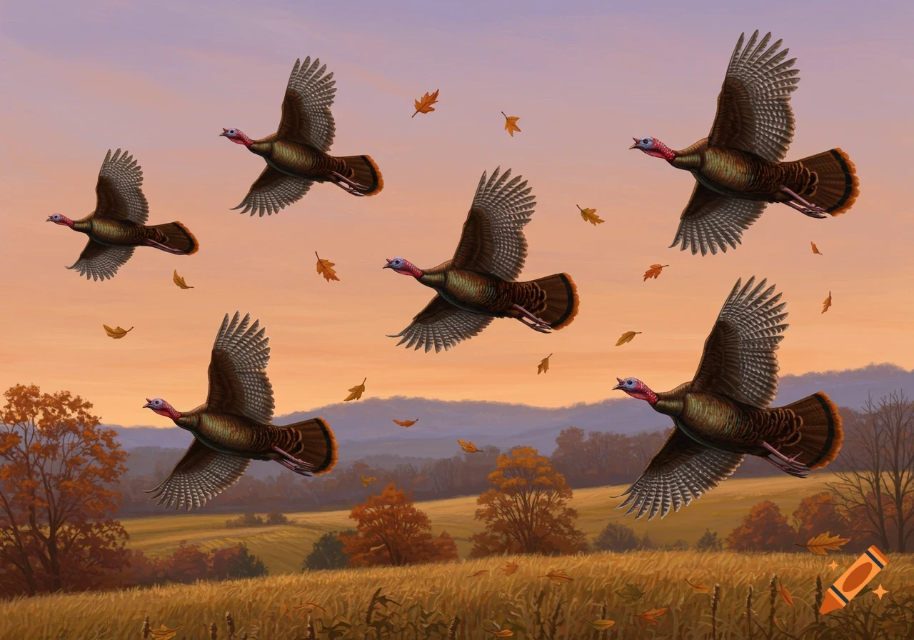 Wild turkeys fly across an autumn sky with falling leaves over fields and distant mountains.