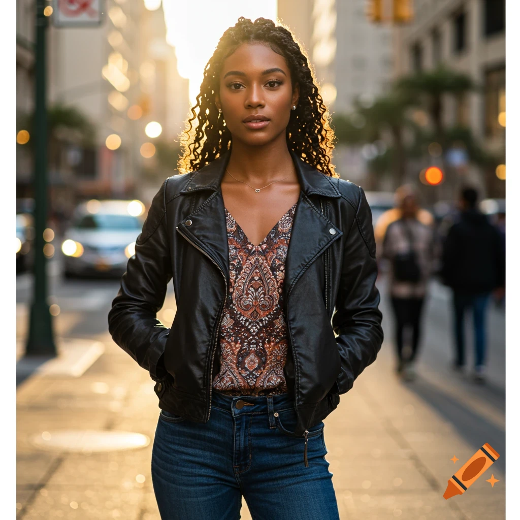 A woman in a leather jacket and jeans stands on a city street during golden hour, looking at the camera.