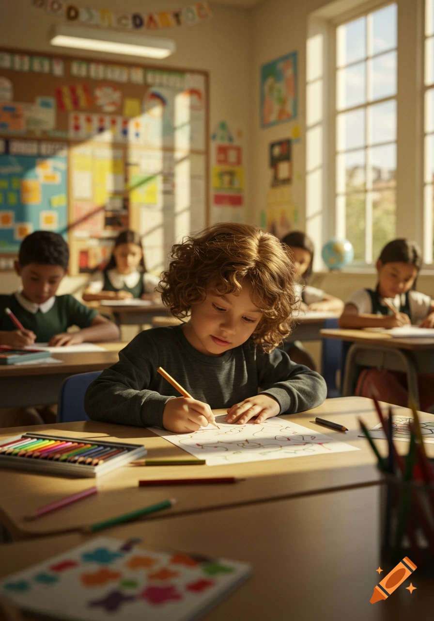 A photorealistic image of a young child with curly hair drawing at a desk in a sunlit classroom, with other children in the background.