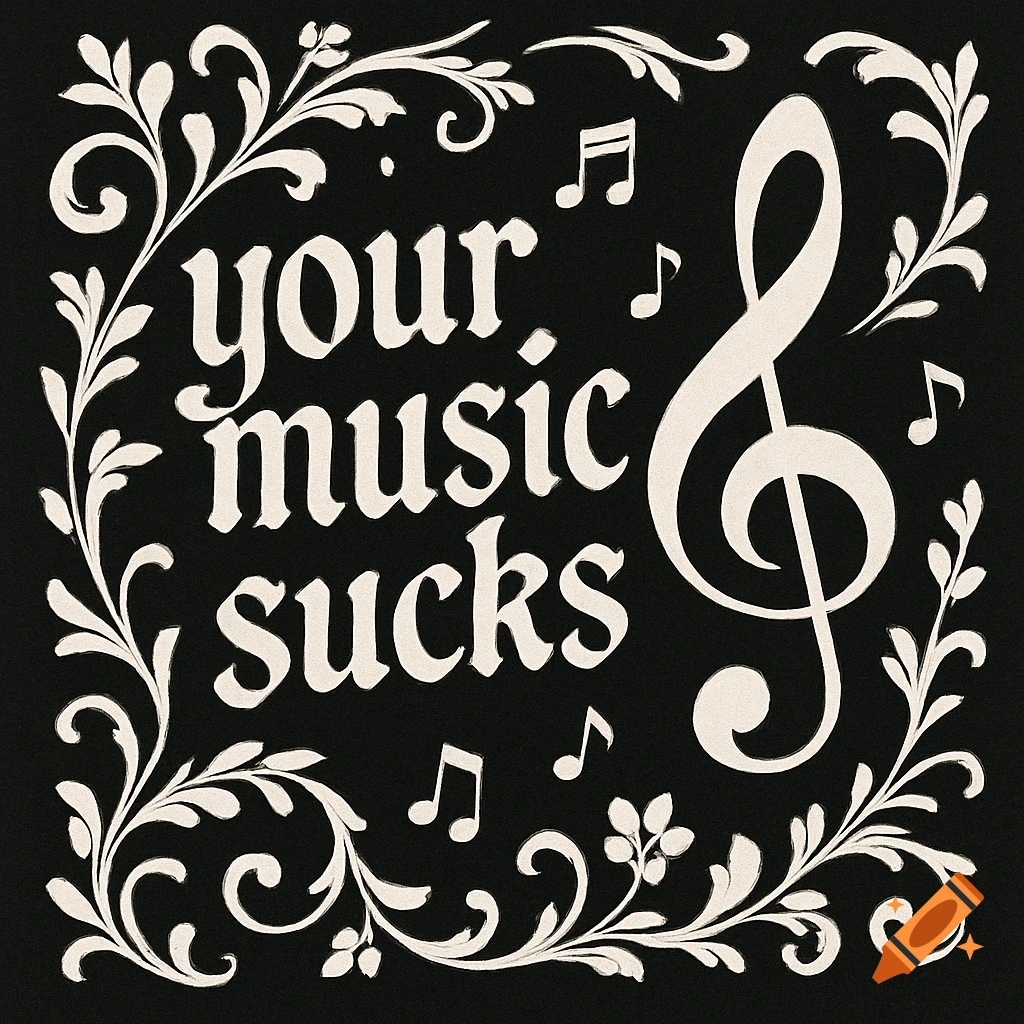 Black background with white text 'your music sucks' and a large treble clef, surrounded by ornate floral flourishes and music notes.