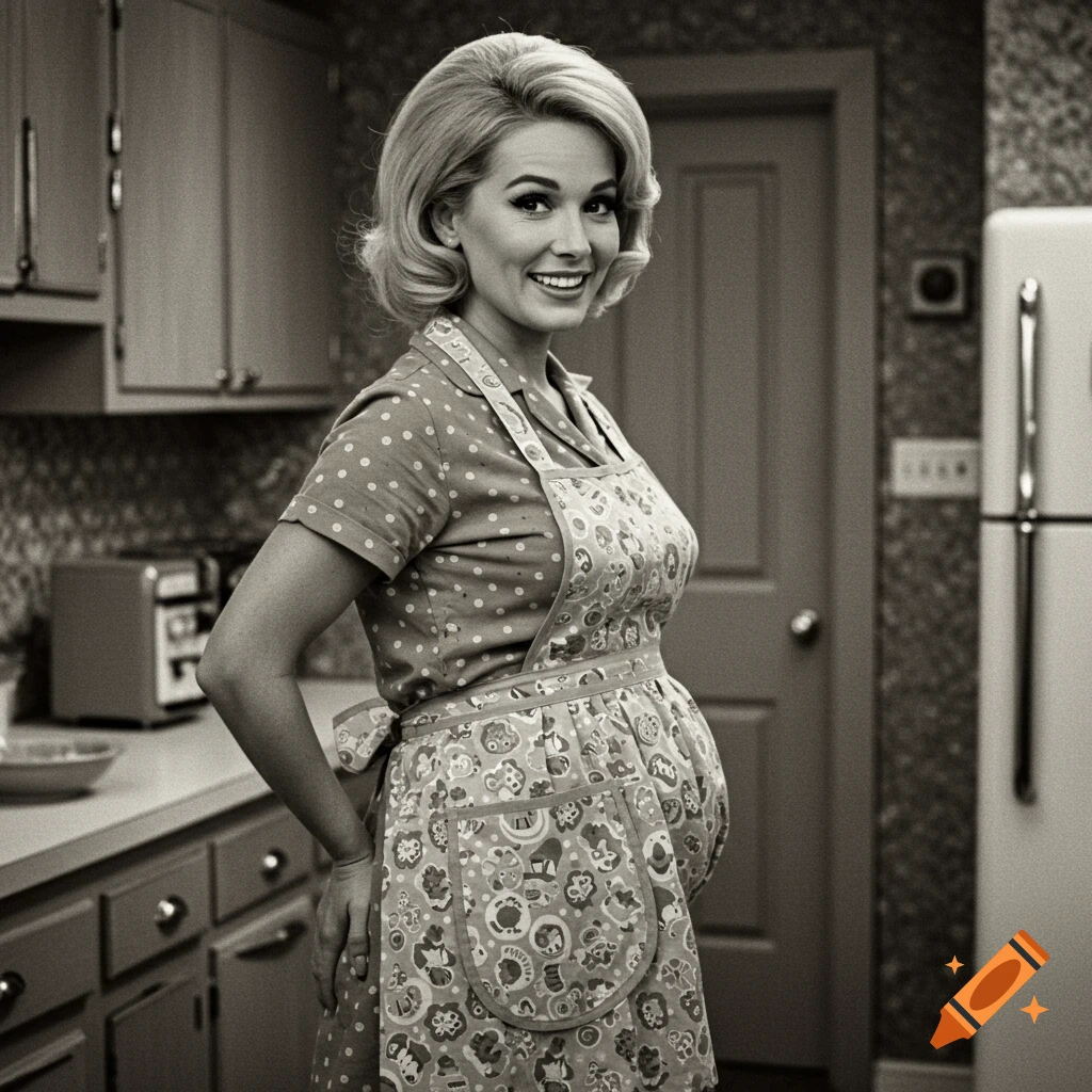 A smiling blonde woman in a polka dot dress and apron, with a large pregnant belly, stands in a black and white 1960s kitchen.