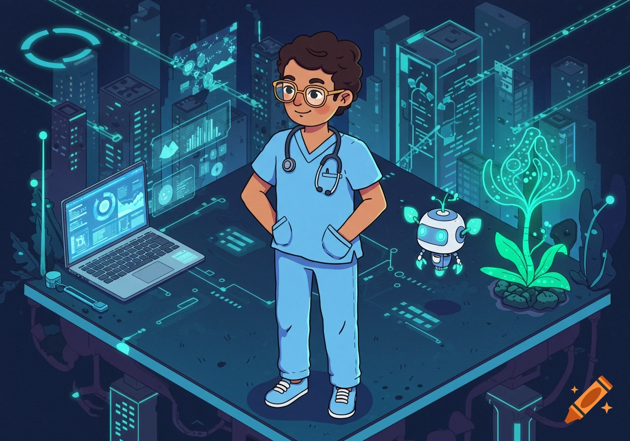 Cartoon doctor in light blue scrubs and glasses stands on a futuristic platform with a laptop, AI robot, and glowing plant in a tech city.
