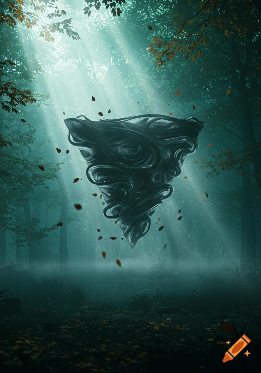 A dark, abstract, funnel-shaped object floats amidst falling leaves in a misty, sunlit forest. Digital art.