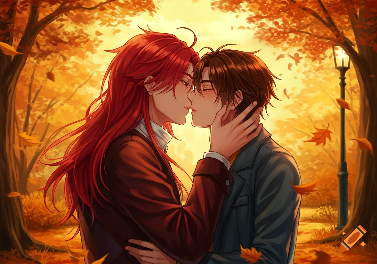 Two anime men with red and brown hair kissing in a warm, leaf-filled autumn forest with a street lamp.