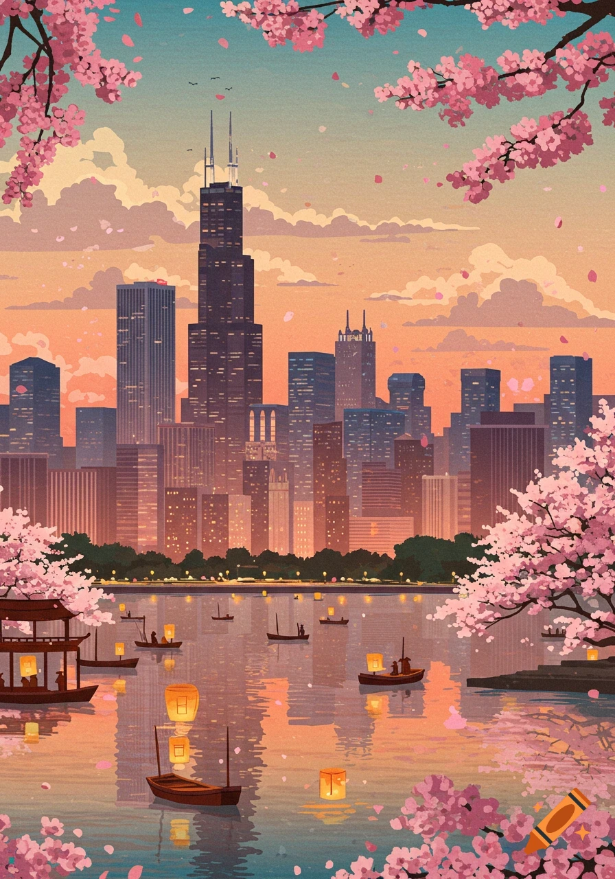Illustrated Chicago skyline at sunset, framed by cherry blossoms, with boats and glowing lanterns on the water in a Japanese style.