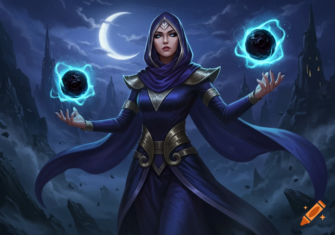 A female sorceress in a dark blue hooded robe holds two glowing blue magical orbs under a crescent moon in a fantasy setting.