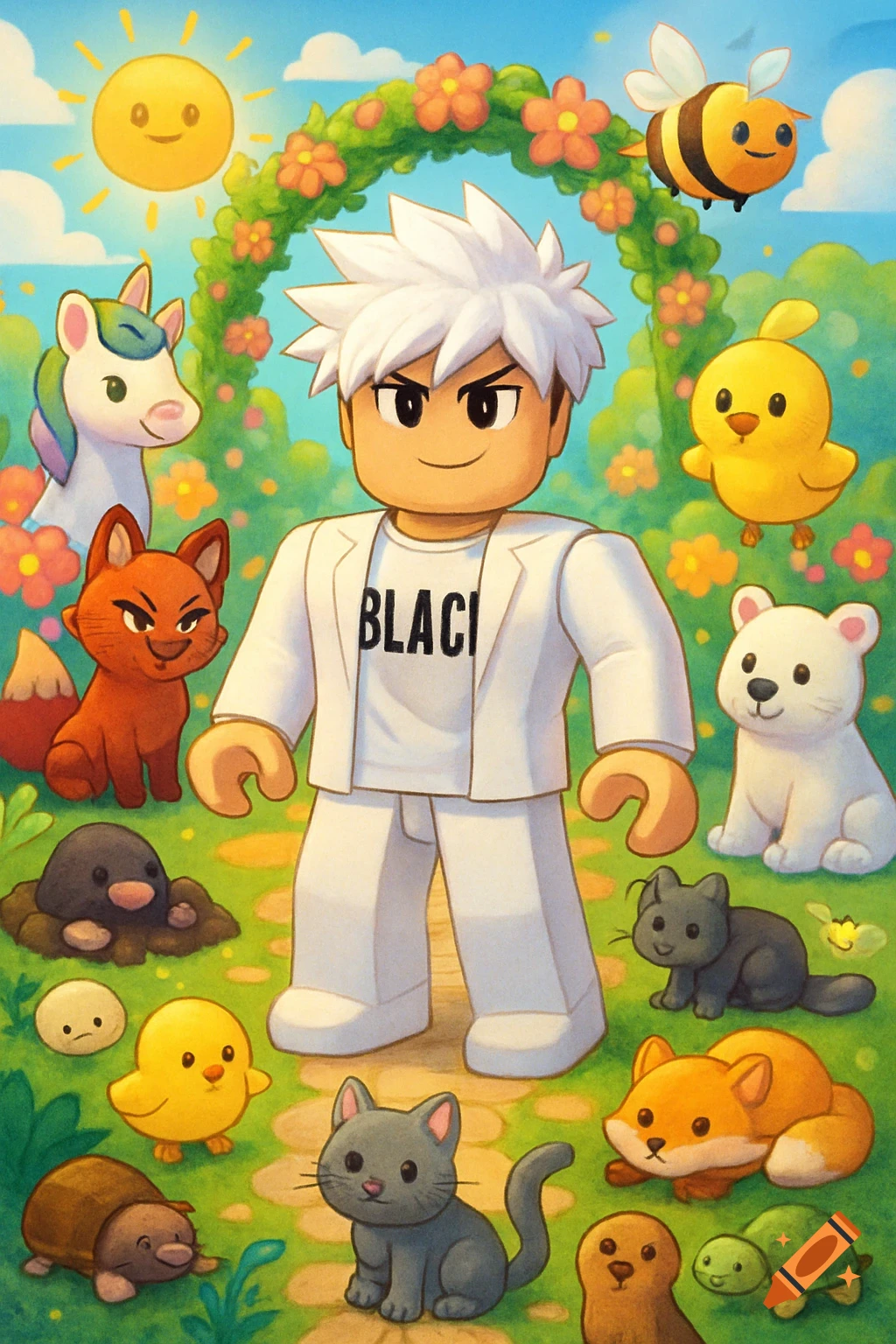A Roblox-style avatar in a white outfit and spiky white hair stands in a sunny cartoon garden surrounded by various cute animals like a fox, unicorn, chick, and cat.