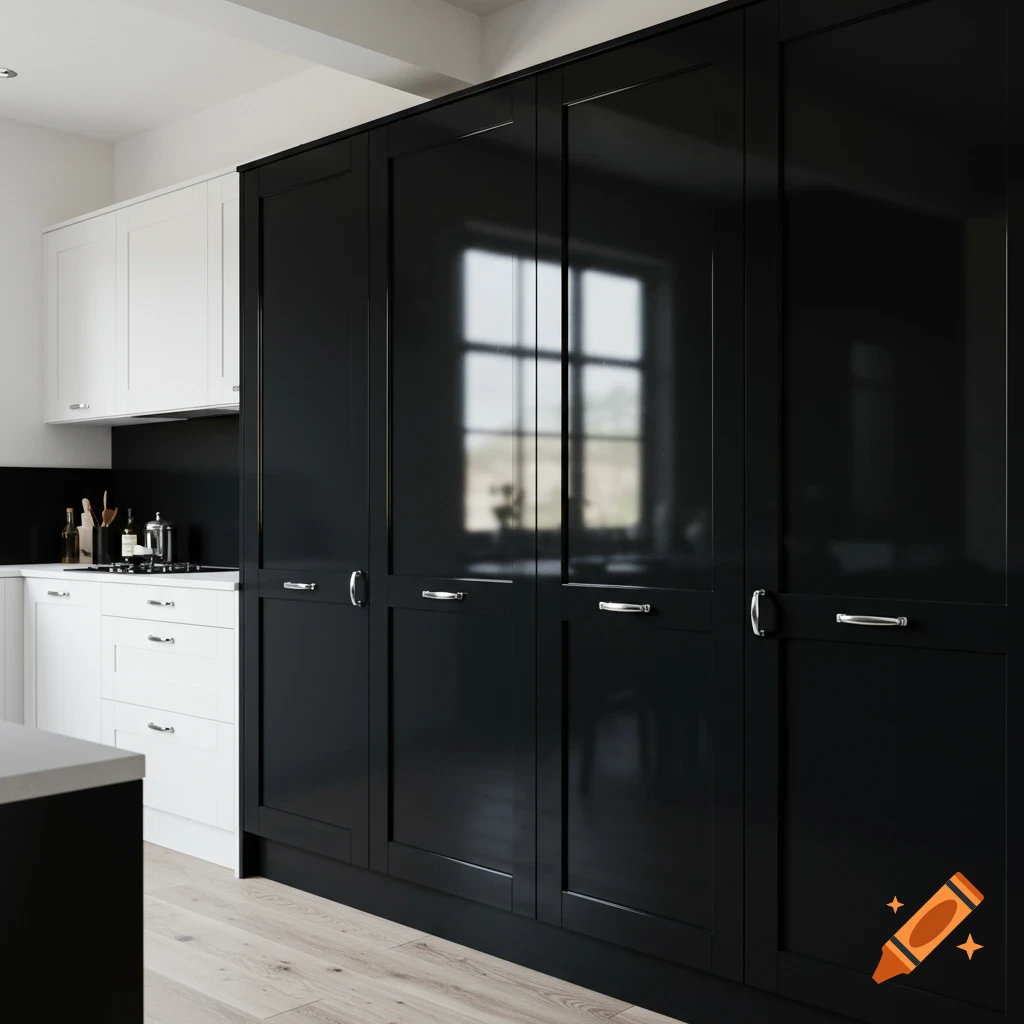 A modern kitchen featuring sleek black floor-to-ceiling cabinets and contrasting white upper and lower cabinets.