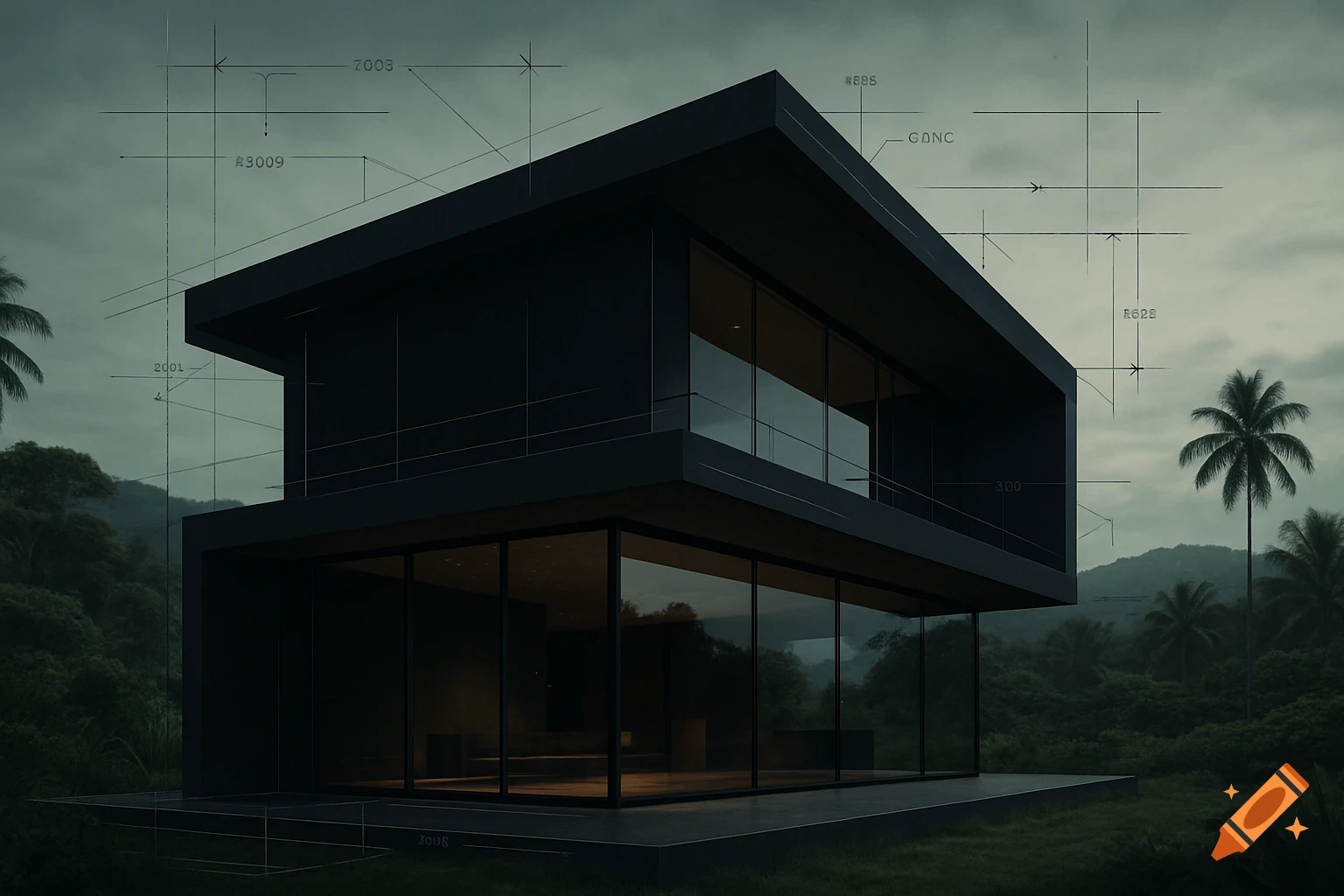 A dark, modern house with large glass windows stands in a lush tropical jungle under an overcast sky, overlaid with architectural blueprint lines and numbers.