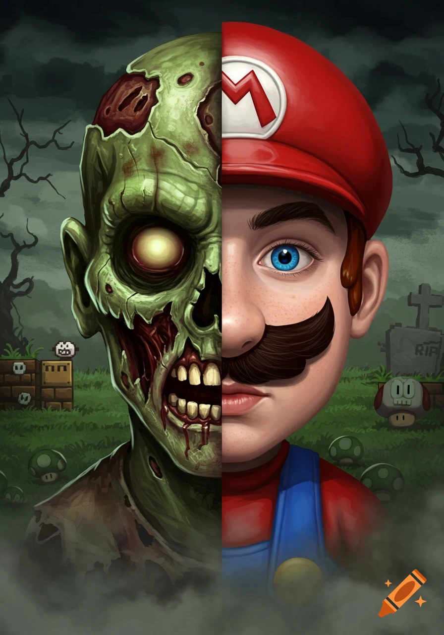 A stylized digital art portrait split vertically: a decaying green zombie on the left, Super Mario on the right.
