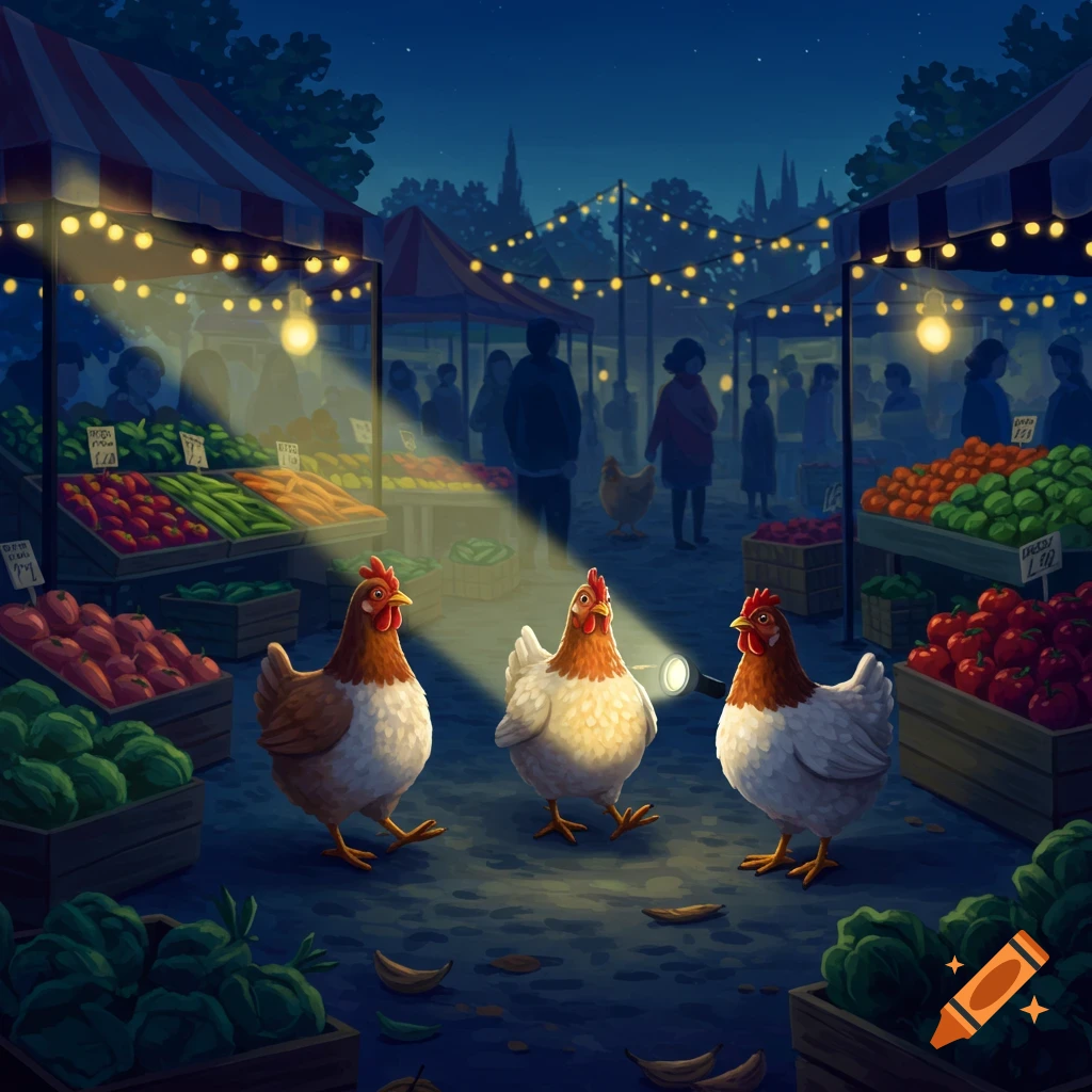 Three illustrated chickens with one holding a flashlight fumbling through a busy night farmer's market.