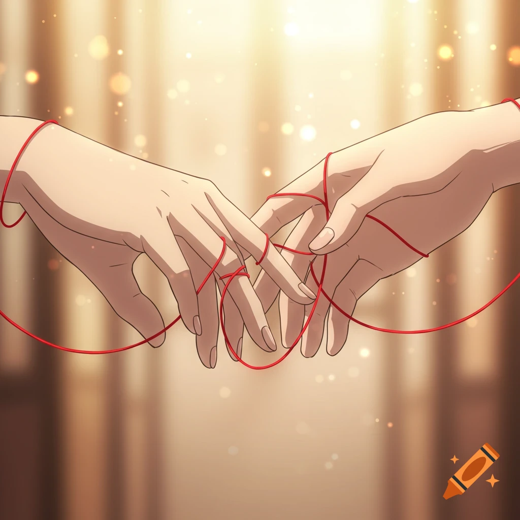 Anime-style close-up of two hands intertwined with a red string of fate, set against a soft, romantic background.