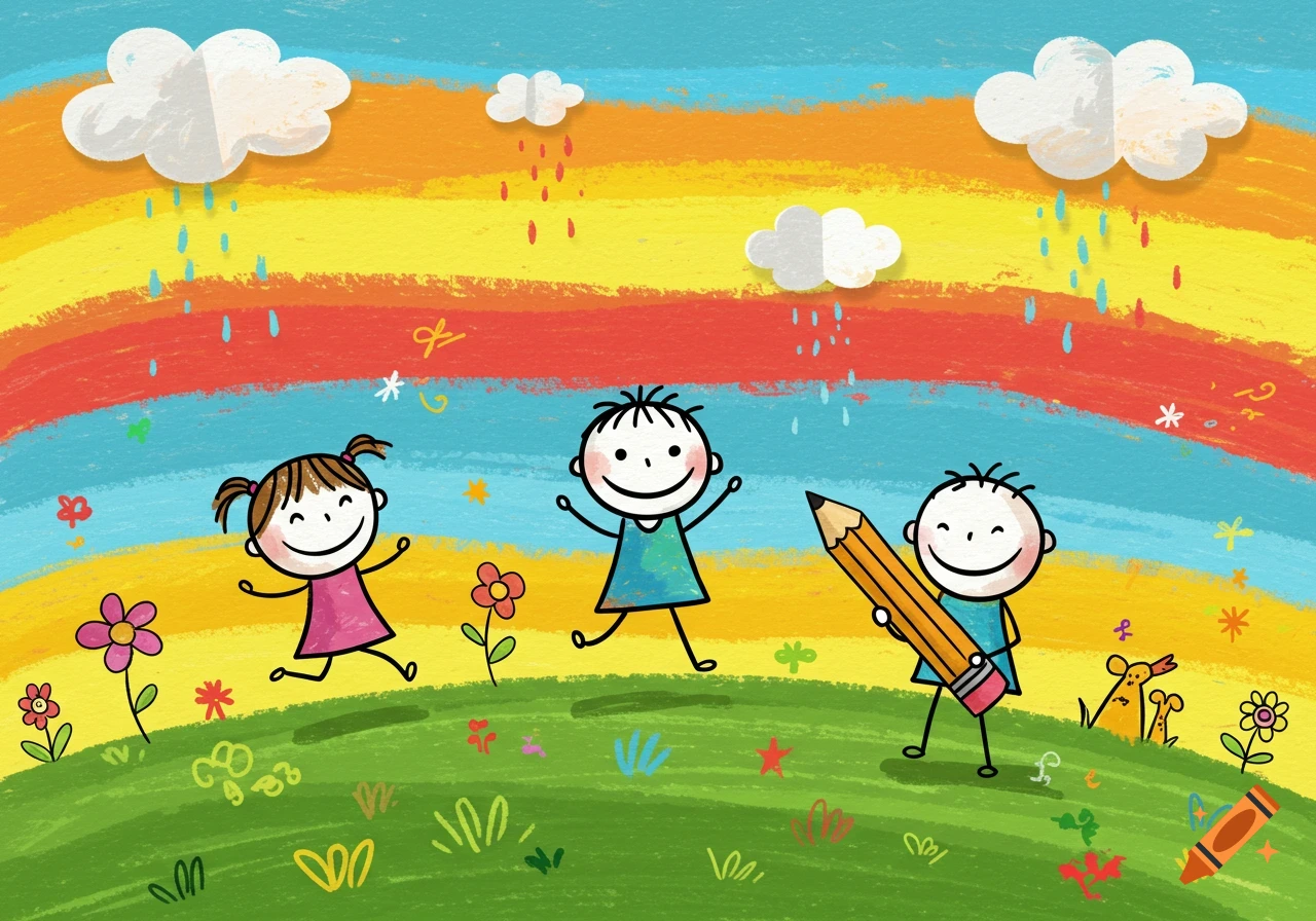 Three stick figure children playing in a colorful field under a rainbow sky with clouds and flowers, in a crayon drawing style.