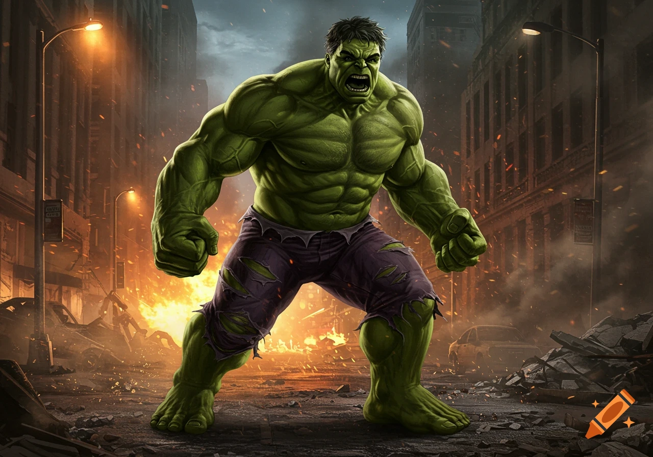 The Hulk, a large green muscular figure, roars amidst a destroyed city street with fire and debris, in a comic book style.