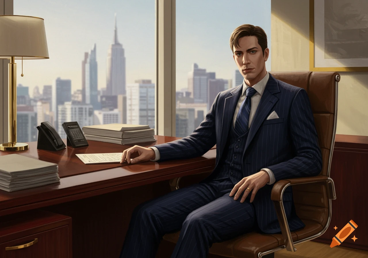 A professional-looking man in a pinstripe suit sits at a desk in an office with a cityscape visible through the large window.