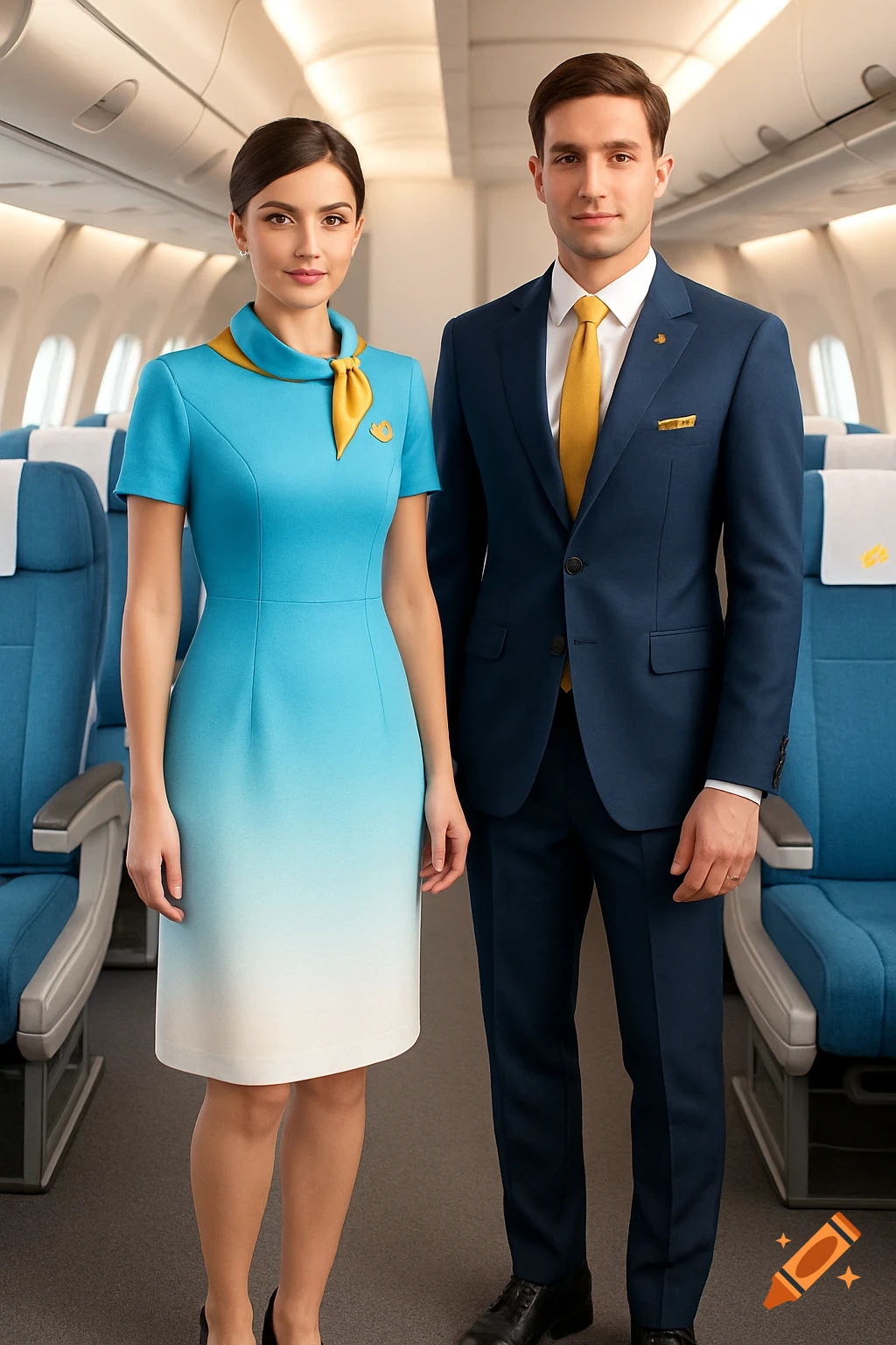 A man and woman in airline uniforms stand in an airplane aisle. The woman wears a blue and white ombre dress with a yellow scarf, and the man wears a blue suit with a yellow tie.