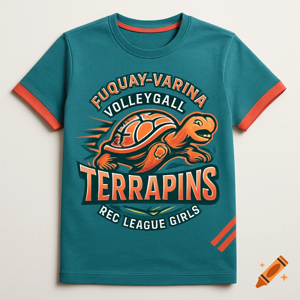 A teal t-shirt with an orange and white logo featuring a smiling, running turtle and the team name 'Fuquay-Varina VOLLEYGALL Terrapins'.