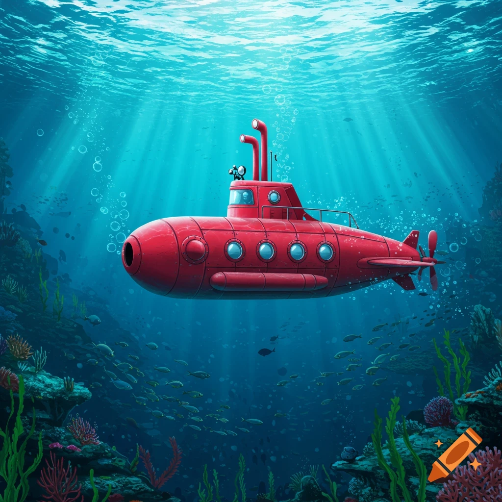 A vibrant red submarine with multiple portholes glides through a clear blue ocean, illuminated by sunlight filtering from above. Below, colorful coral reefs teem with schools of small fish.