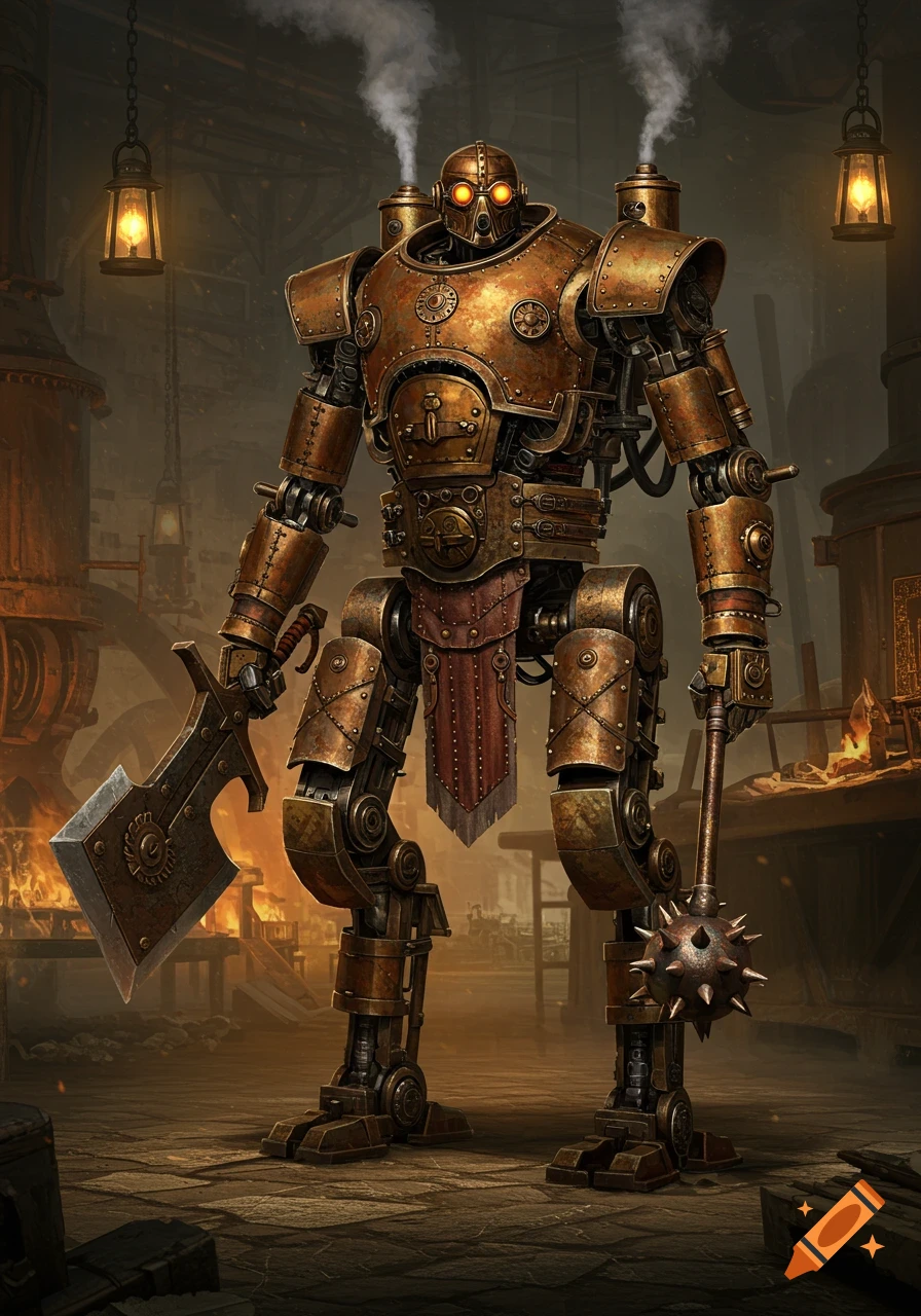 A steampunk robot made of rusted bronze and steel, holding a large axe and a spiked mace, standing in a dimly lit, industrial workshop.