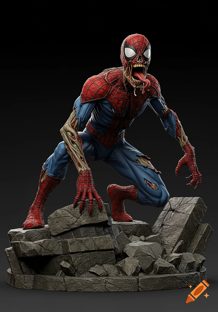 A grotesque zombified Spider-Man crouches on urban rubble, roaring with torn costume and exposed flesh in the Zombicide style.