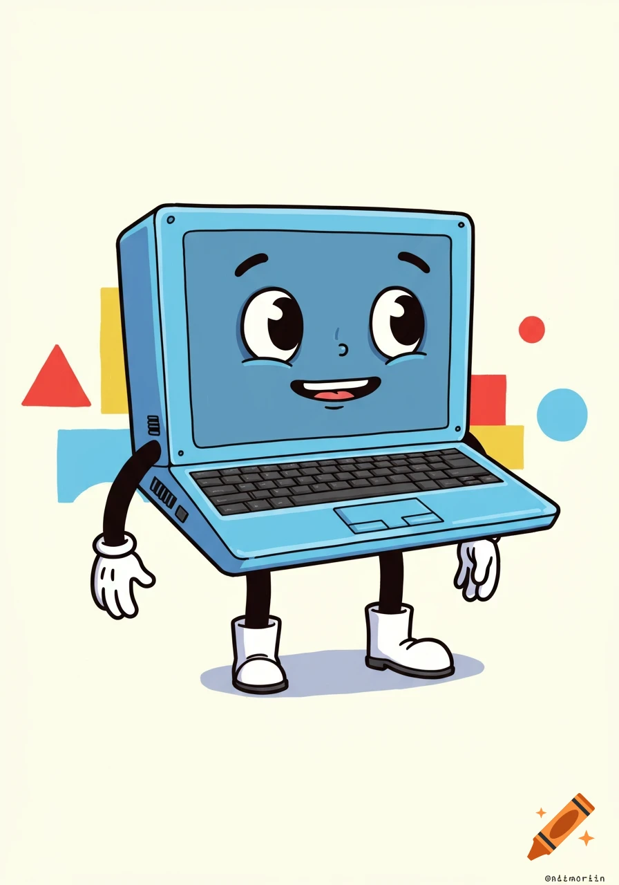 A light blue cartoon laptop character with big eyes, a smile, black arms with white gloves, and black legs with white boots, standing on a light background with colorful geometric shapes.