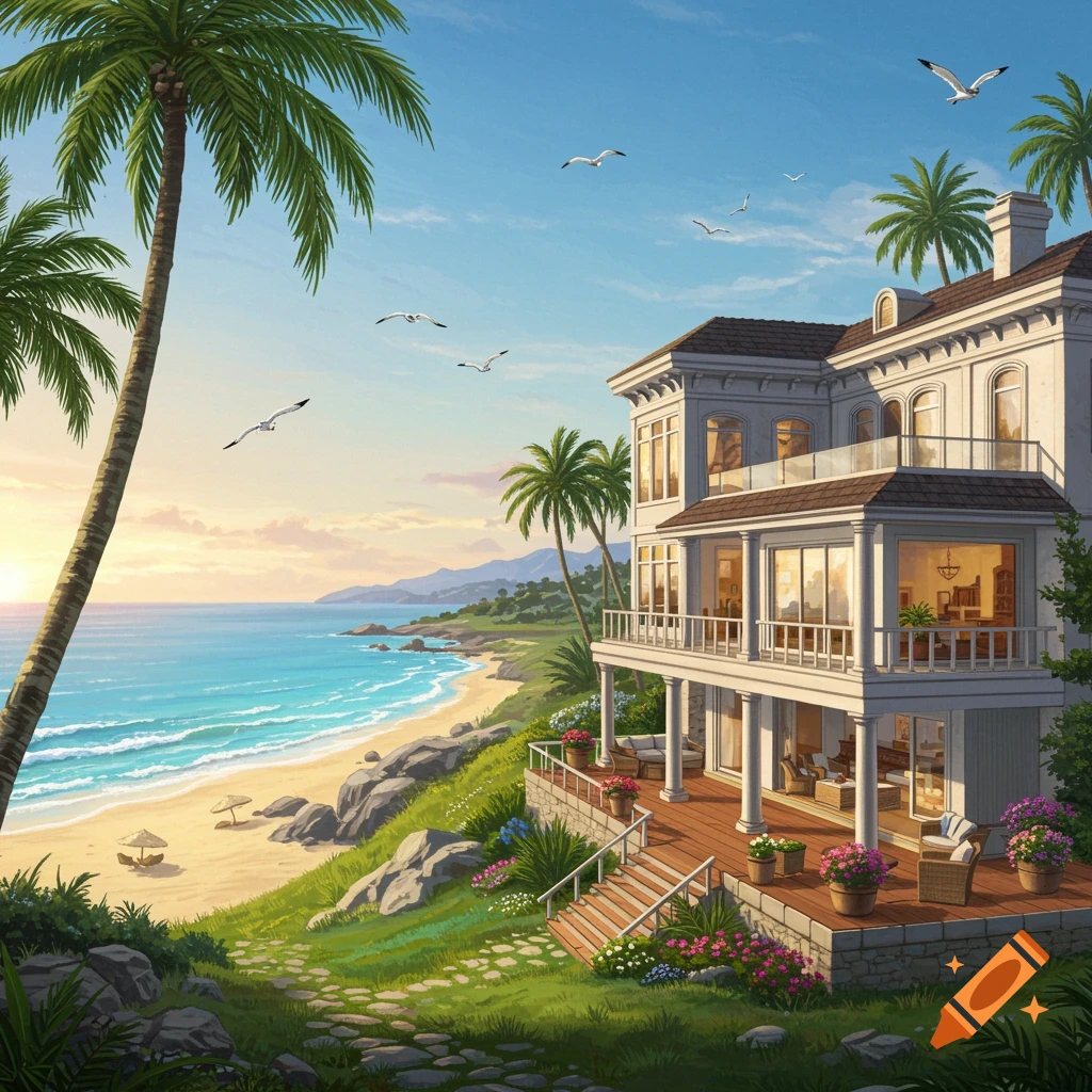 A large white mansion overlooks a sunny tropical beach with palm trees, blue ocean, and a sunset sky.