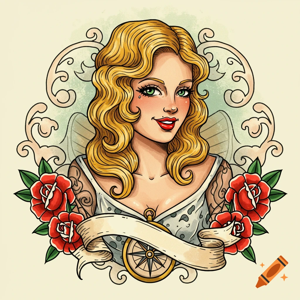 Sailor Jerry style illustration of a blonde woman with tattoos, red roses, and decorative flourishes.
