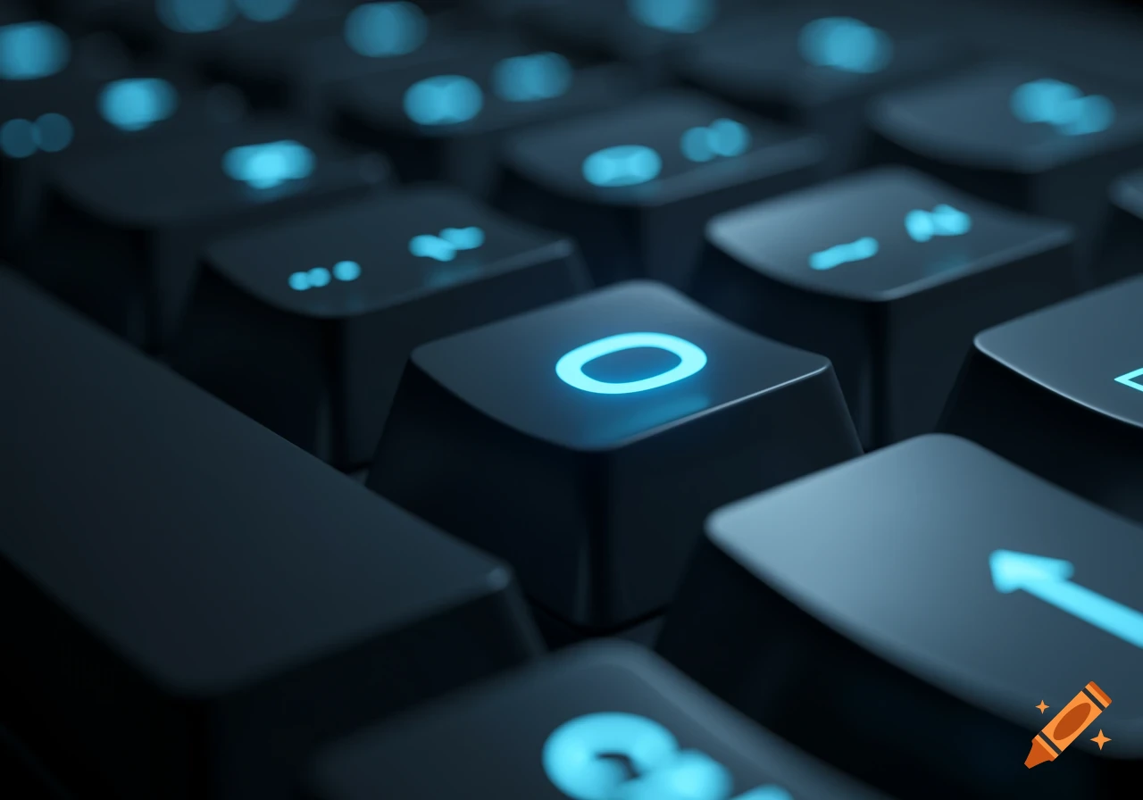Close-up of a dark keyboard with bright blue glowing keys, highlighting the O key.