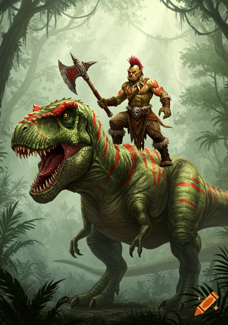A vibrant fantasy illustration of a tribal orc with a red mohawk riding a green Tyrannosaurus Rex and holding a battle-axe in a lush jungle.