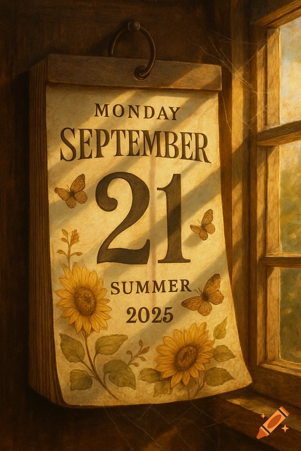 A vintage-style calendar showing Monday, September 21, 2025, adorned with sunflowers and butterflies, bathed in warm sunlight from a window.