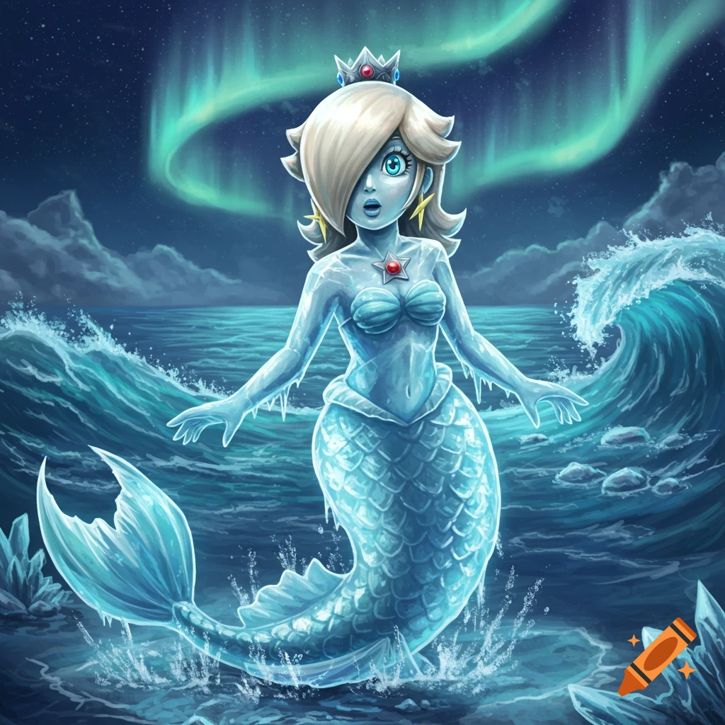 Rosalina as a translucent ice mermaid in choppy blue waters under a vibrant green aurora borealis.