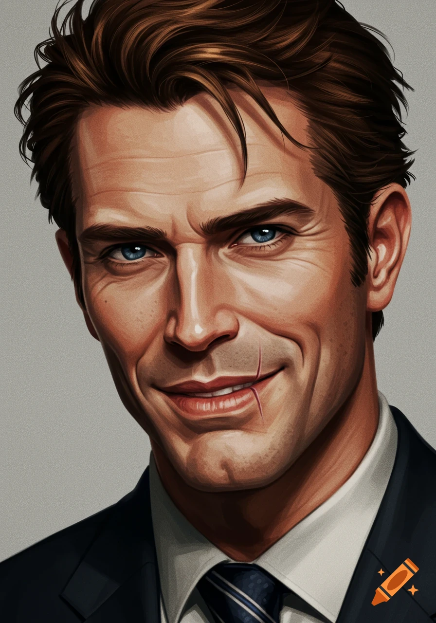 A close-up digital painting of a man with brown hair, blue eyes, a sly smile, and a scar on his top lip.