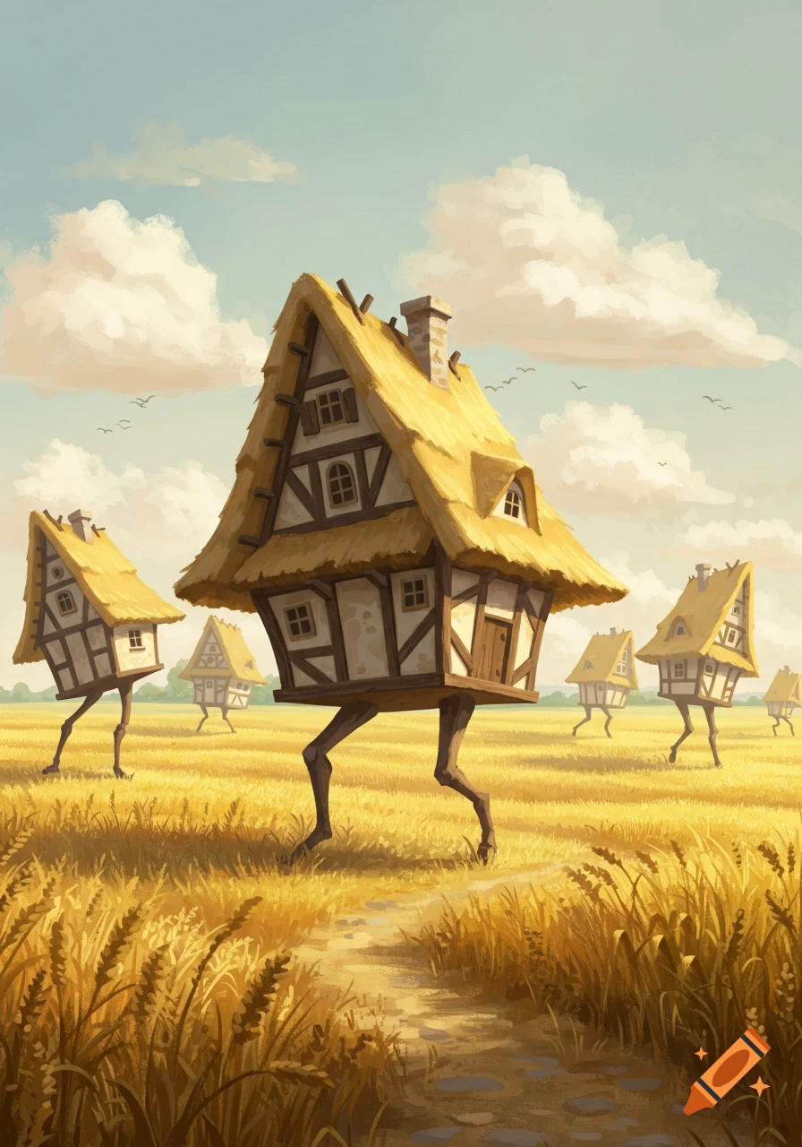 Illustrated whimsical houses with thatched roofs on legs, walking through a golden wheat field under a blue sky.