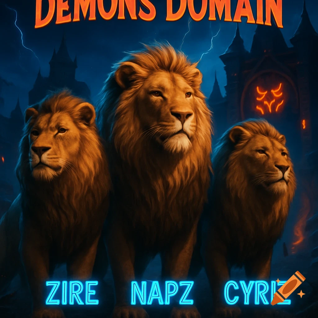 Three lions stand under glowing text 'DEMONS DOMAIN' and 'ZIRE NAPZ CYRIZ', in front of a dark castle with lightning.