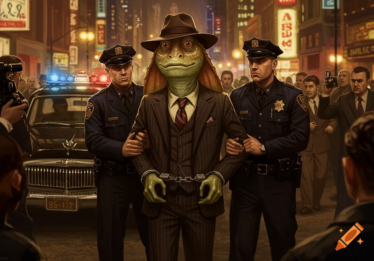 Jar Jar Binks, in a pinstripe suit and fedora, is handcuffed and led away by two police officers in a city street at night, with a police car behind them.