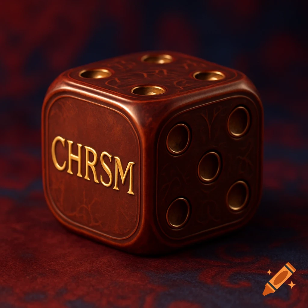 A close-up of a brown, gold-embossed dice with the word "CHRSM" on one face and several pips on others, against a dark red background.