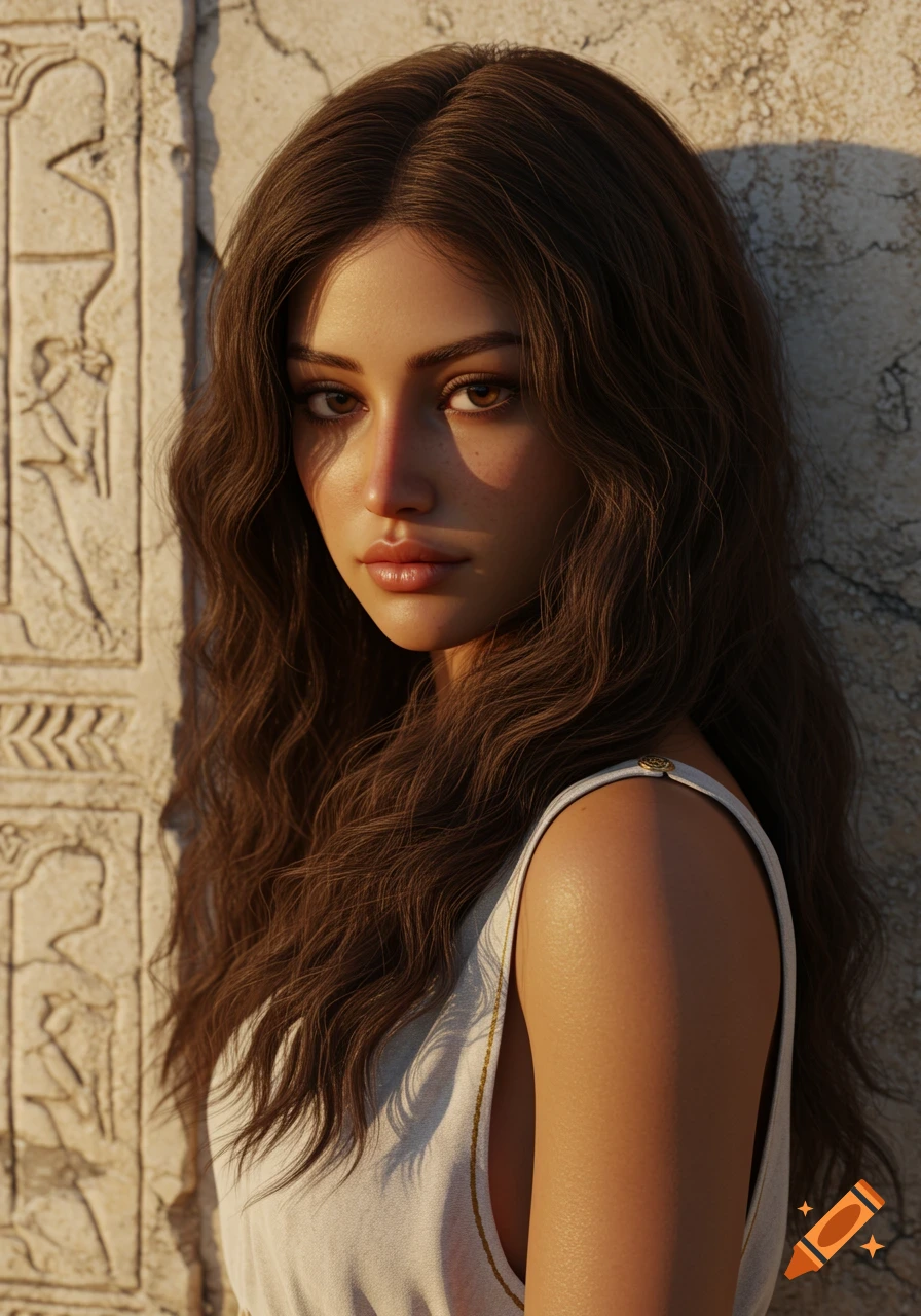 Photorealistic portrait of a young woman with long brown hair standing by a carved stone wall in golden light.