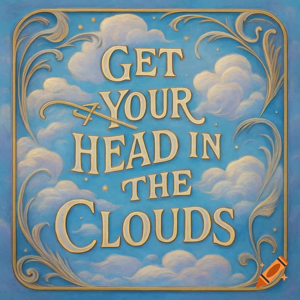 Art Nouveau sign with ornate golden text 'GET YOUR HEAD IN THE CLOUDS' against a blue sky with white clouds.