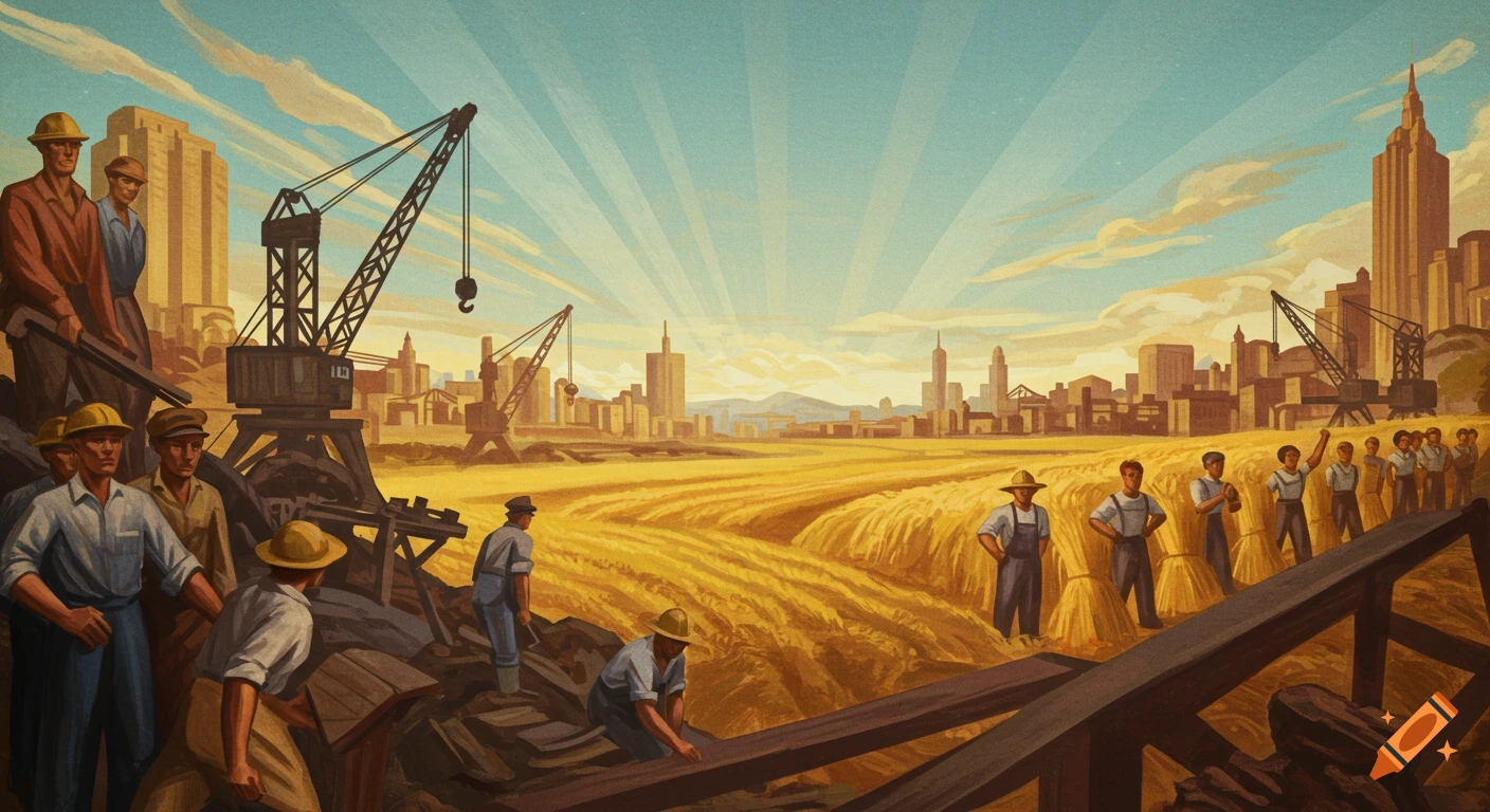 Mural-style illustration of workers in a wheat field with a city skyline and cranes in the background under a radiant sky.