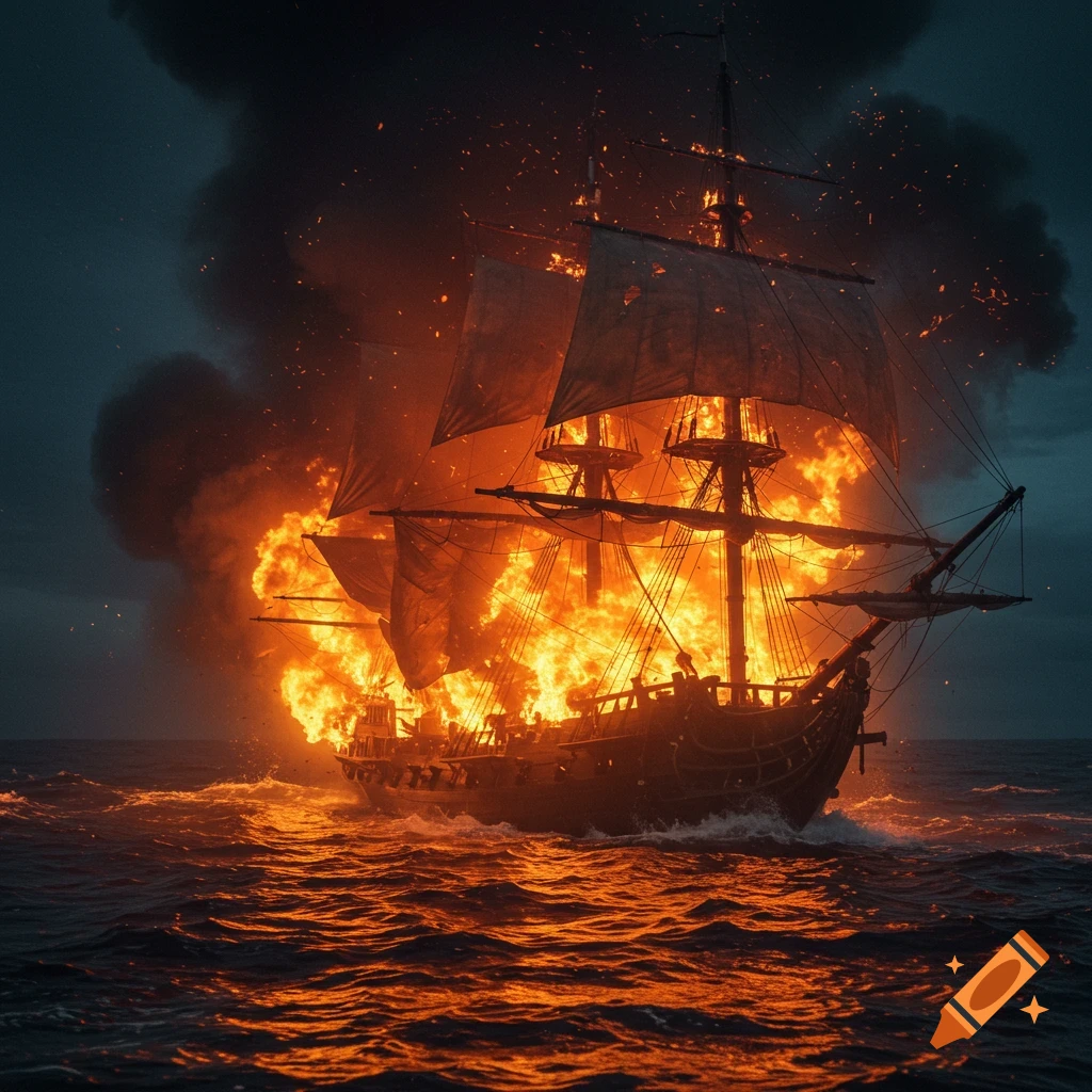 A large sailing ship engulfed in massive flames and smoke on rough seas under a dark, stormy sky.