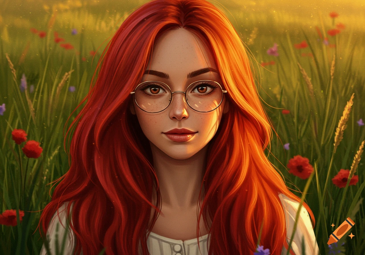 A digital painting of a woman with vibrant red hair and round glasses, standing in a sunny field of green grass and red poppies.
