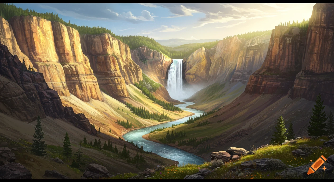 A wide, scenic view of a vast canyon valley with tall, sunlit rocky walls and a large waterfall cascading into a winding river.