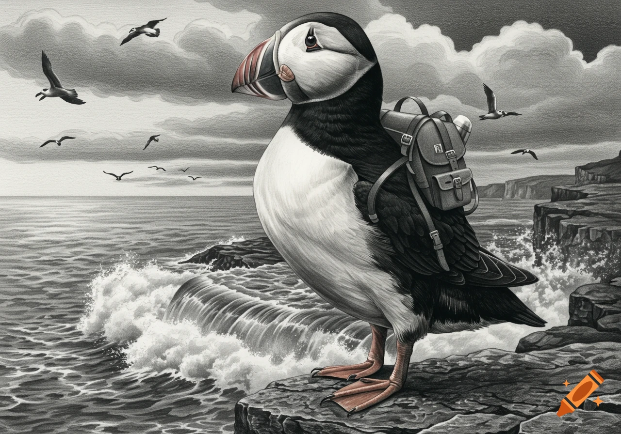 Black and white illustration of a puffin with a backpack standing on rocks by the ocean with waves crashing and birds flying.