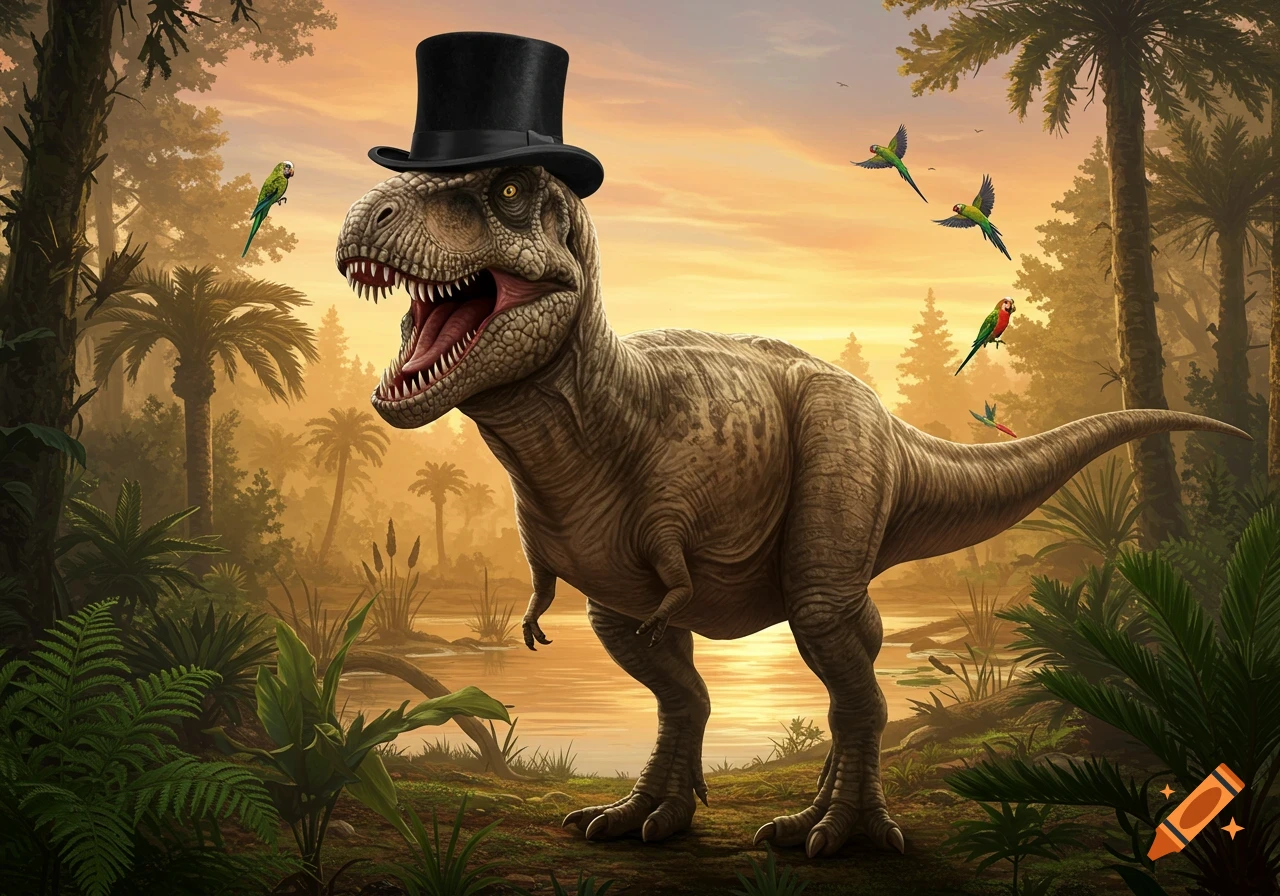 A realistic Tyrannosaurus Rex wearing a black top hat stands in a prehistoric jungle at sunset with colorful parrots flying.