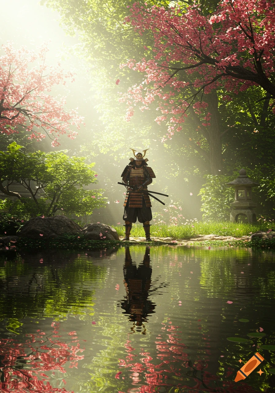 A samurai warrior stands by a reflective pond under sunlit cherry blossom trees in a serene Japanese garden.