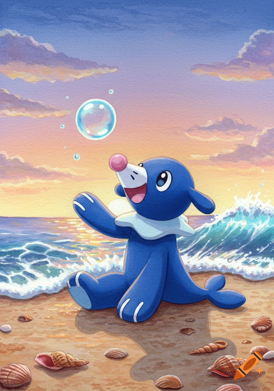 A blue Popplio character sits on a sandy beach at sunset, looking up at a floating bubble.